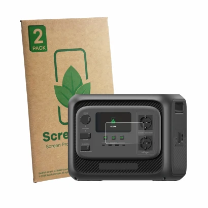 Front side of a product packaging with the brand logo ScreenLeaf. Next to it is the device Bluetti Elite 300 shown with the co