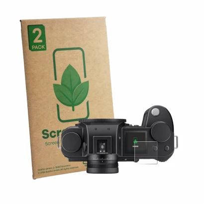 Front side of a product packaging with the brand logo ScreenLeaf. Next to it is the device Leica SL3-P (top plate display) sho