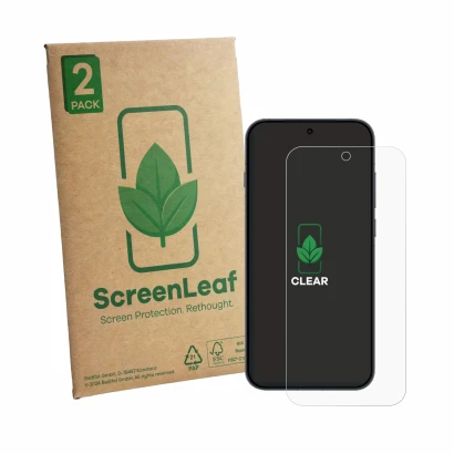Front side of a product packaging with the brand logo ScreenLeaf. Next to it is the device Oppo Reno 16 FS shown with the corr