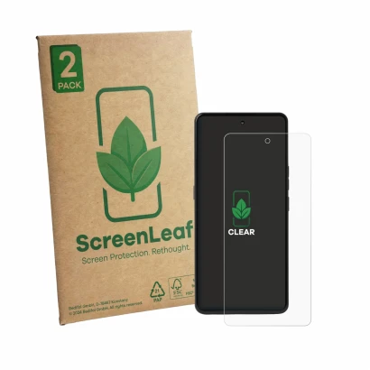 Front side of a product packaging with the brand logo ScreenLeaf. Next to it is the device Punkt MC03 shown with the correspon