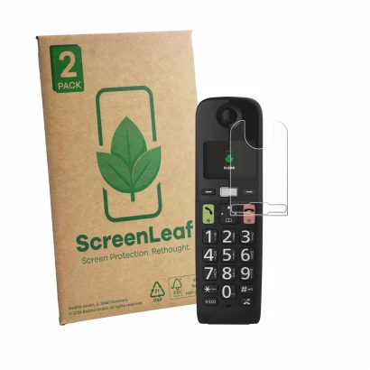 Front side of a product packaging with the brand logo ScreenLeaf. Next to it is the device Panasonic KX-TGU130 shown with the 