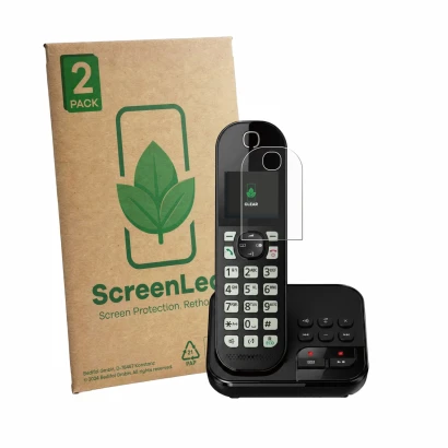 Front side of a product packaging with the brand logo ScreenLeaf. Next to it is the device Panasonic KX-TGC460 shown with the 