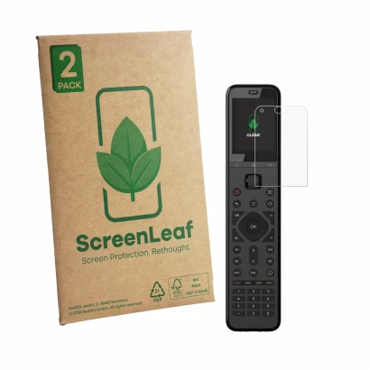 Front side of a product packaging with the brand logo ScreenLeaf. Next to it is the device Sofabaton U3 shown with the corresp