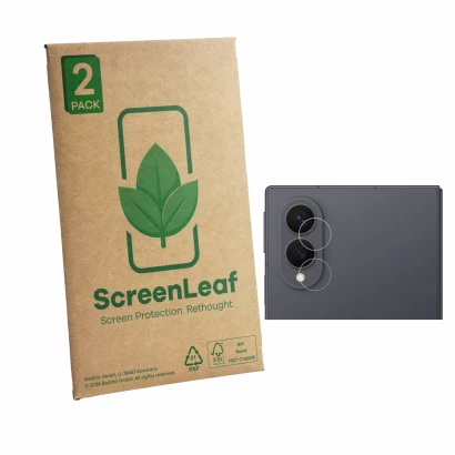 Front side of a product packaging with the brand logo ScreenLeaf. Next to it is the device Samsung Galaxy Z Fold 8 (ONLY Camer