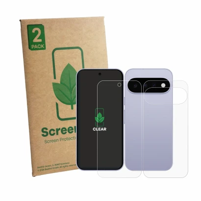 Front side of a product packaging with the brand logo ScreenLeaf. Next to it is the device Google Pixel 11 (Front+Back) shown 