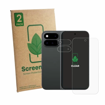 Front side of a product packaging with the brand logo ScreenLeaf. Next to it is the device Google Pixel 11 Pro Fold (Front+Cam