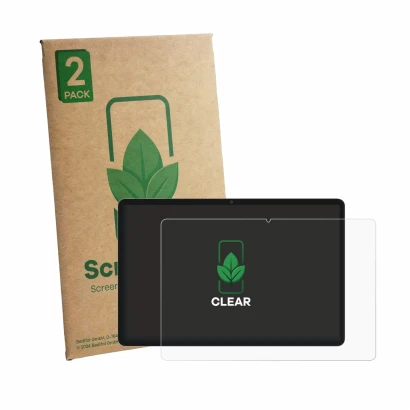 Front side of a product packaging with the brand logo ScreenLeaf. Next to it is the device Teclast M50T shown with the corresp