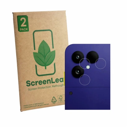 Front side of a product packaging with the brand logo ScreenLeaf. Next to it is the device Fairphone 6 Plus (ONLY Camera) show