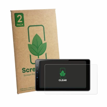 Front side of a product packaging with the brand logo ScreenLeaf. Next to it is the device Pioneer SPH-EVO98DAB-UNI shown with