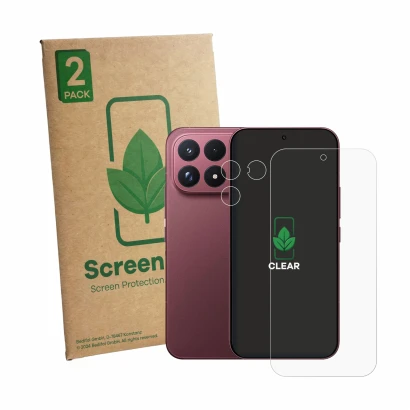 Front side of a product packaging with the brand logo ScreenLeaf. Next to it is the device Xiaomi Poco F9 Ultra (Front+Camera)