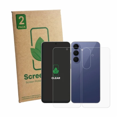 Front side of a product packaging with the brand logo ScreenLeaf. Next to it is the device Samsung Galaxy S26 FE (Front+Back) 