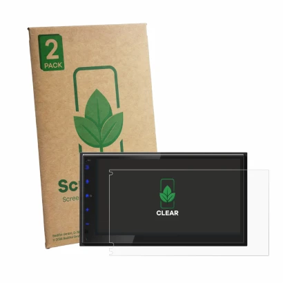 Front side of a product packaging with the brand logo ScreenLeaf. Next to it is the device JVC KW-593BT shown with the corresp