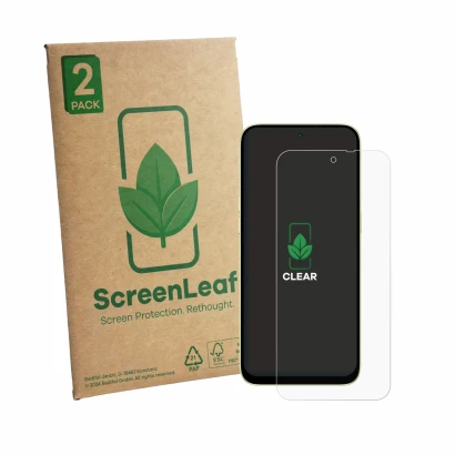 Front side of a product packaging with the brand logo ScreenLeaf. Next to it is the device Honor Play20C shown with the corres