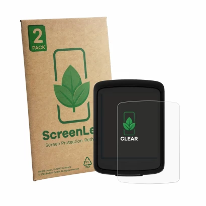 Front side of a product packaging with the brand logo ScreenLeaf. Next to it is the device Bryton Rider E10 shown with the cor