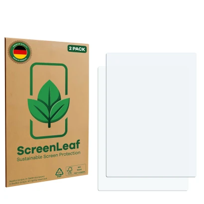 Front side of a product packaging with the brand logo ScreenLeaf. Next to it is the corresponding screen protector.
