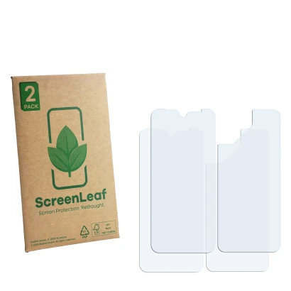 Front side of a product packaging with the brand logo ScreenLeaf. Next to it is the corresponding screen protector.
