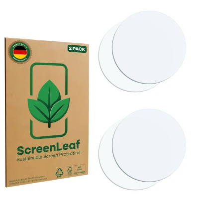 Front side of a product packaging with the brand logo ScreenLeaf. Next to it is the corresponding screen protector.