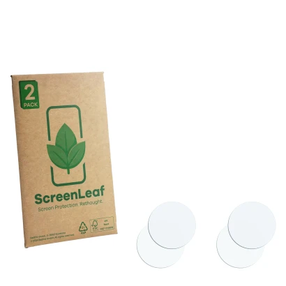 Front side of a product packaging with the brand logo ScreenLeaf. Next to it is the corresponding screen protector.