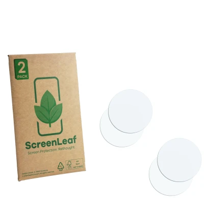 Front side of a product packaging with the brand logo ScreenLeaf. Next to it is the corresponding screen protector.
