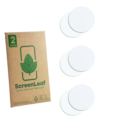 Front side of a product packaging with the brand logo ScreenLeaf. Next to it is the corresponding screen protector.