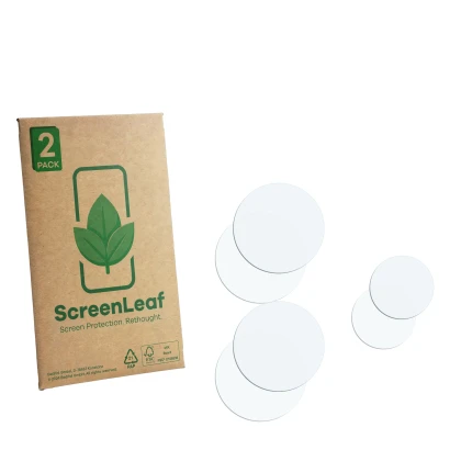 Front side of a product packaging with the brand logo ScreenLeaf. Next to it is the corresponding screen protector.
