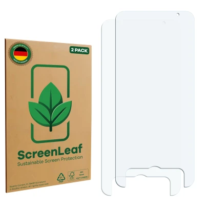 Front side of a product packaging with the brand logo ScreenLeaf. Next to it is the corresponding screen protector.