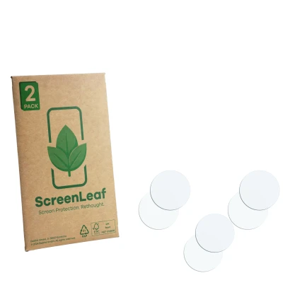 Front side of a product packaging with the brand logo ScreenLeaf. Next to it is the corresponding screen protector.