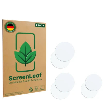 Front side of a product packaging with the brand logo ScreenLeaf. Next to it is the corresponding screen protector.