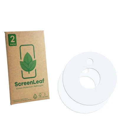 Front side of a product packaging with the brand logo ScreenLeaf. Next to it is the corresponding screen protector.