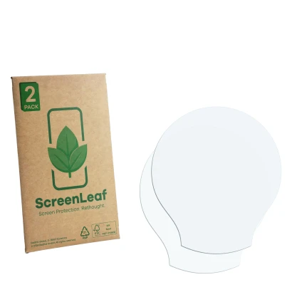 Front side of a product packaging with the brand logo ScreenLeaf. Next to it is the corresponding screen protector.