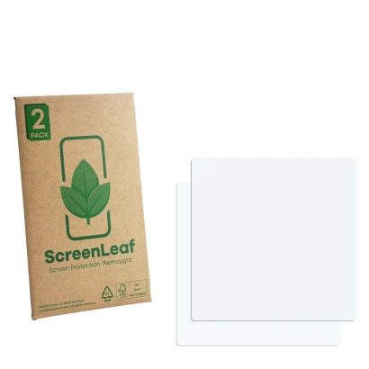 Front side of a product packaging with the brand logo ScreenLeaf. Next to it is the corresponding screen protector.