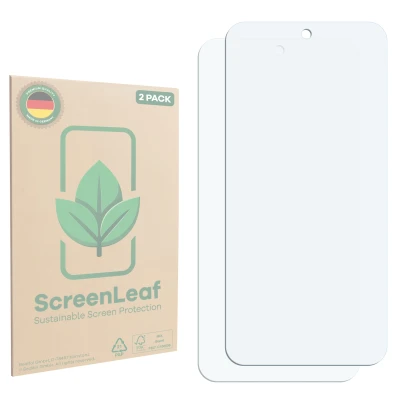 Front side of a product packaging with the brand logo ScreenLeaf. Next to it is the corresponding screen protector.