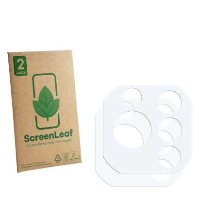 Front side of a product packaging with the brand logo ScreenLeaf. Next to it is the corresponding screen protector.