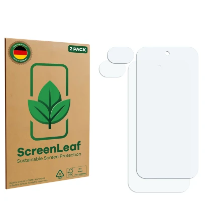 Front side of a product packaging with the brand logo ScreenLeaf. Next to it is the corresponding screen protector.