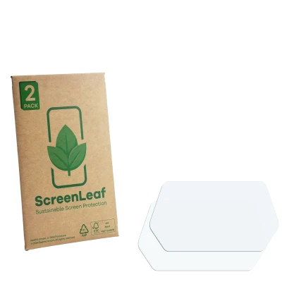Front side of a product packaging with the brand logo ScreenLeaf. Next to it is the corresponding screen protector.