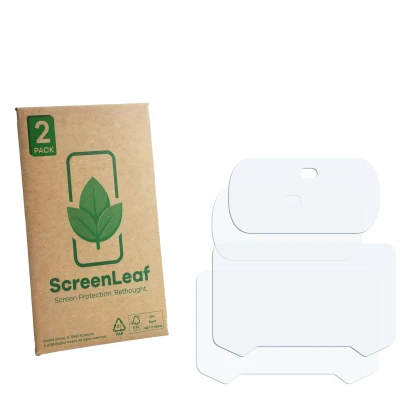 Front side of a product packaging with the brand logo ScreenLeaf. Next to it is the corresponding screen protector.