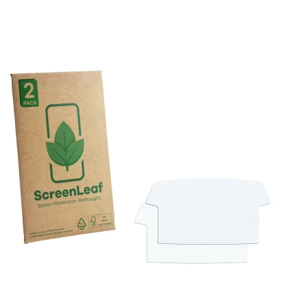 Front side of a product packaging with the brand logo ScreenLeaf. Next to it is the corresponding screen protector.