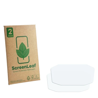Front side of a product packaging with the brand logo ScreenLeaf. Next to it is the corresponding screen protector.