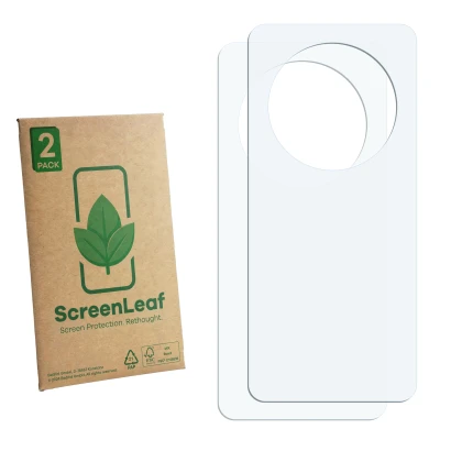 Front side of a product packaging with the brand logo ScreenLeaf. Next to it is the corresponding screen protector.