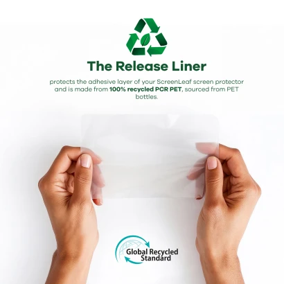 Information about the recycled backing material, which is made of 100% recycled PCR PET. At the bottom is the "Global Recycled