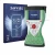 Front side of a product packaging with the brand logo Savvies. Next to it is the device Leica Viva Controller CS15 shown with 