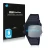 Front side of a product packaging with the brand logo Savvies. Next to it is the device Casio Unisex A168WA-1YES shown with th