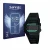 Front side of a product packaging with the brand logo Savvies. Next to it is the device Casio W-86-1VQES shown with the corres
