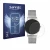Front side of a product packaging with the brand logo Savvies. Next to it is the device Liebeskind New Case Mesh (34 mm) shown