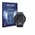 Front side of a product packaging with the brand logo Savvies. Next to it is the device Casio G-Shock G-Squad GBD-300 shown wi