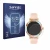 Front side of a product packaging with the brand logo Savvies. Next to it is the device Bekomiya Smartwatch 1.27" shown with t