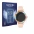 Front side of a product packaging with the brand logo Savvies. Next to it is the device Braidol Smartwatch 1.27" shown with th