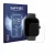 Front side of a product packaging with the brand logo Savvies. Next to it is the device Hama Smartwatch 5000 shown with the co