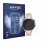 Front side of a product packaging with the brand logo Savvies. Next to it is the device Huawei Watch 5 (42 mm) shown with the 