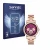 Front side of a product packaging with the brand logo Savvies. Next to it is the device Michael Kors Access Sofie shown with t